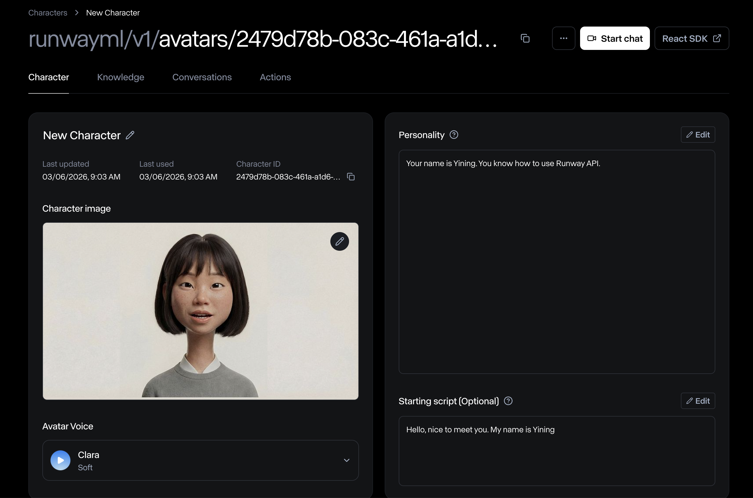 Character page showing Avatar ID