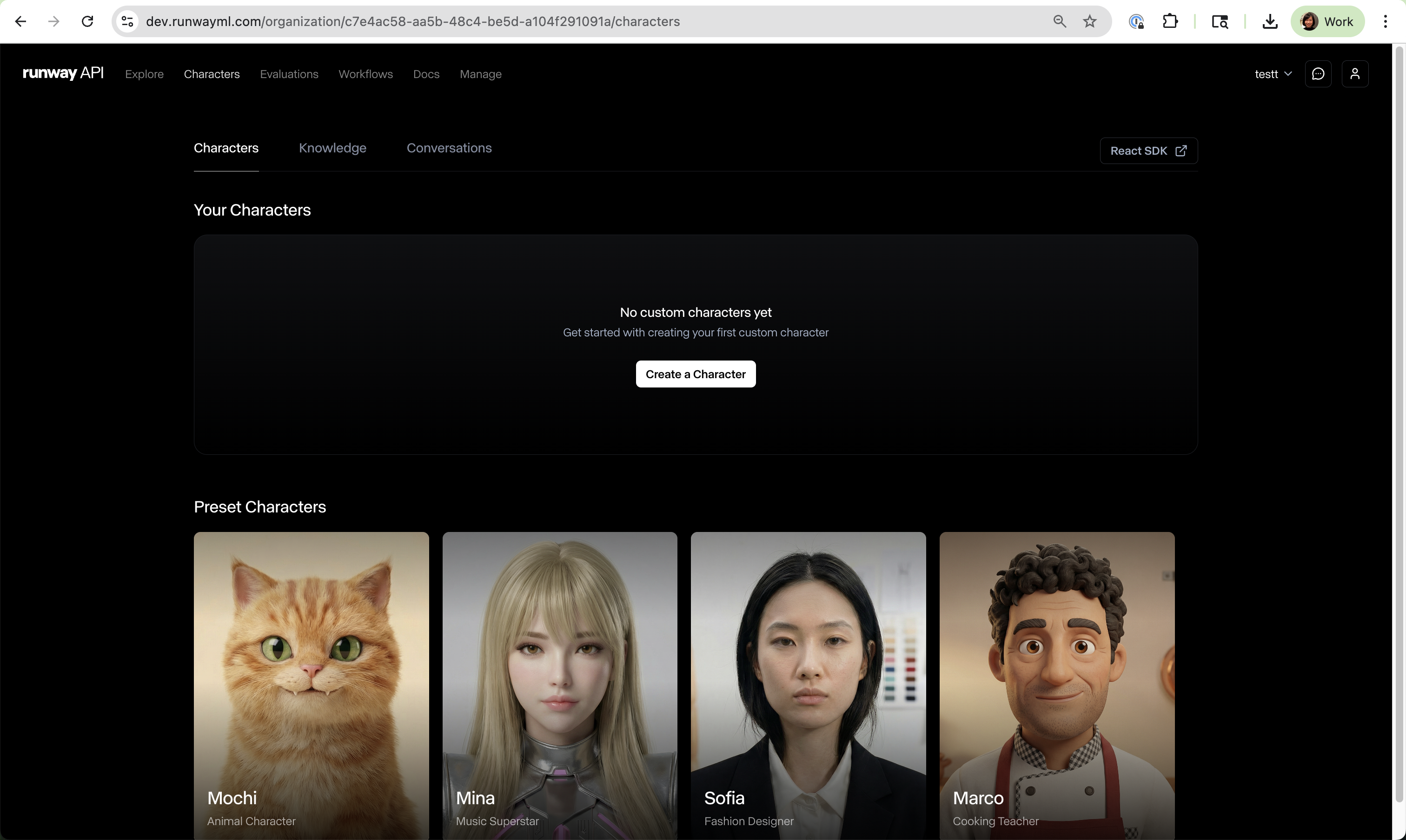 Characters tab with Create a Character button
