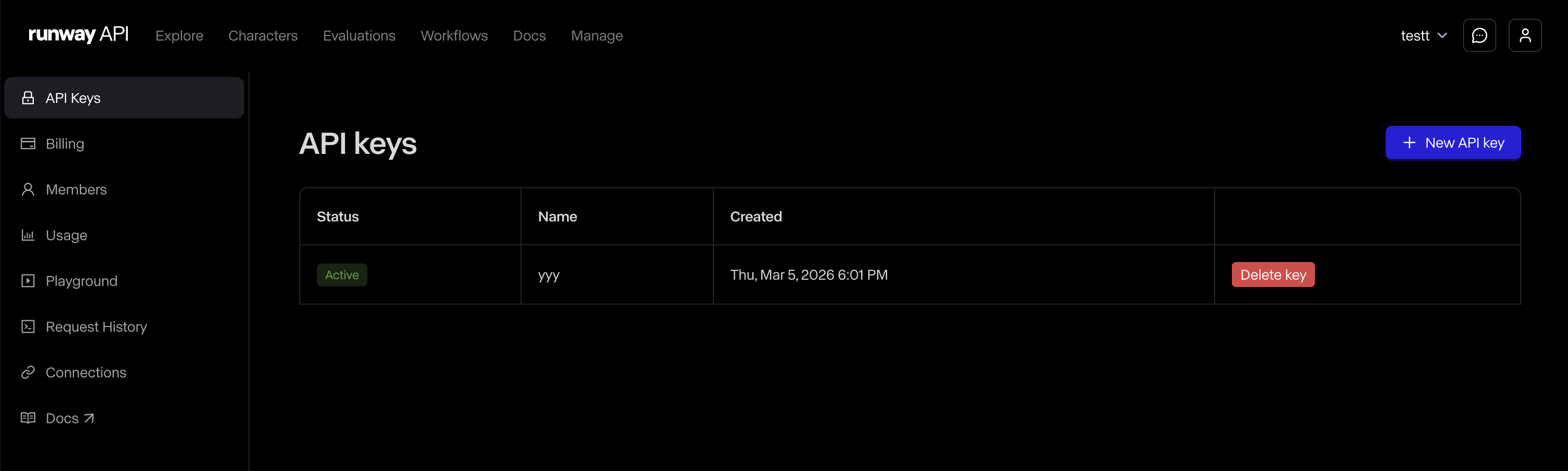 Manage tab with New API key button