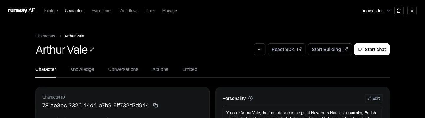 Character detail page in the Developer Portal
