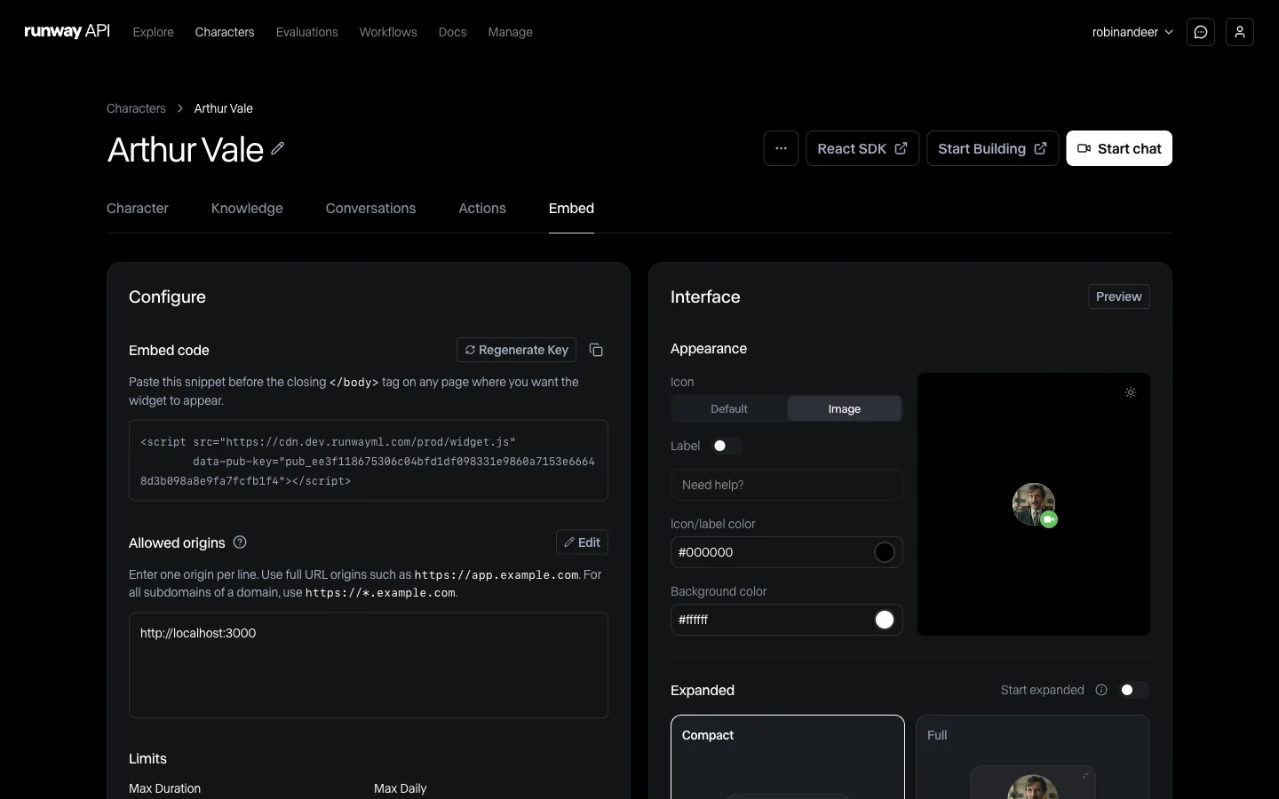 Embed tab showing the embed code snippet, allowed origins, and interface settings